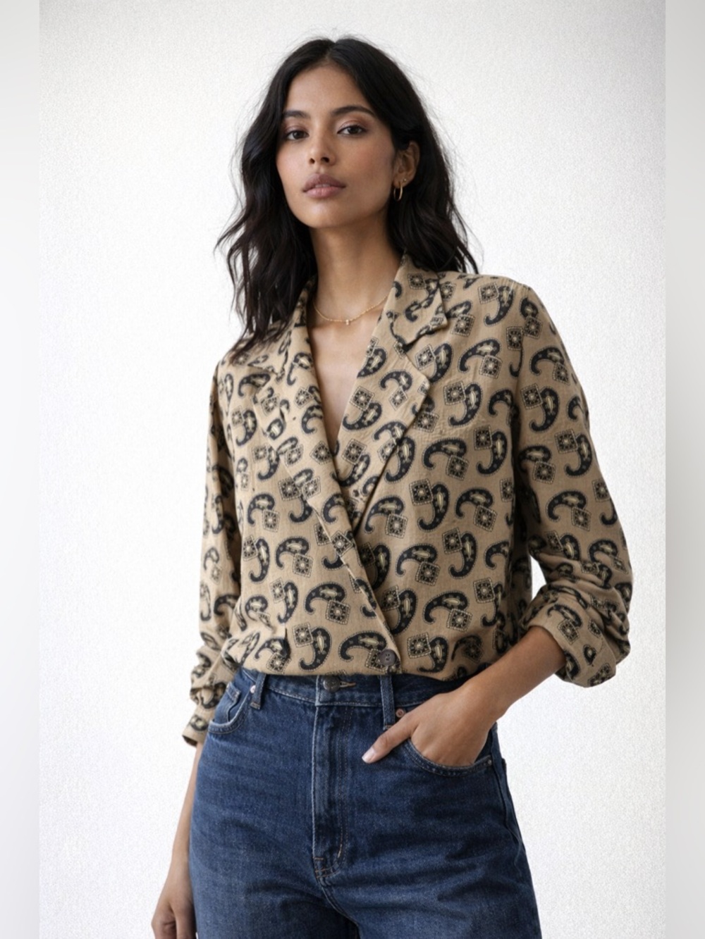 Vintage Anne Klein II Silk Paisley Blazer Style Blouse Size 10